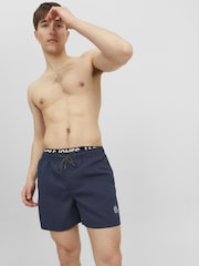 JACK & JONES Blue Double Waistband Logo Swim Shorts - Image 1 of 5
