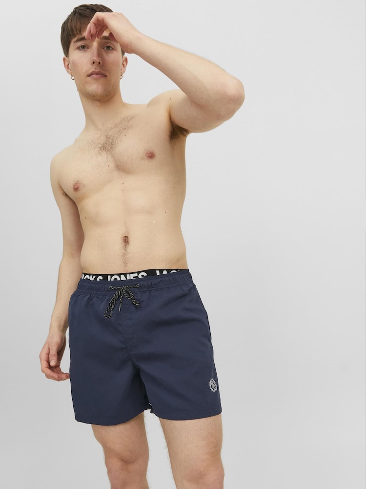 JACK & JONES Blue Double Waistband Logo Swim Shorts - Image 1 of 5