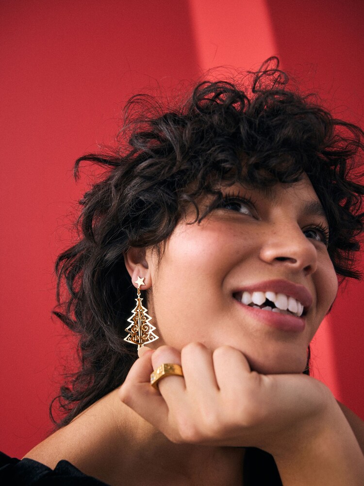 Gold Tone Christmas Filigree Drop Earrings - Image 1 of 5