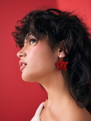 Red Christmas Glitter Star Drop Earrings - Image 2 of 4