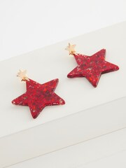 Red Christmas Glitter Star Drop Earrings - Image 4 of 4