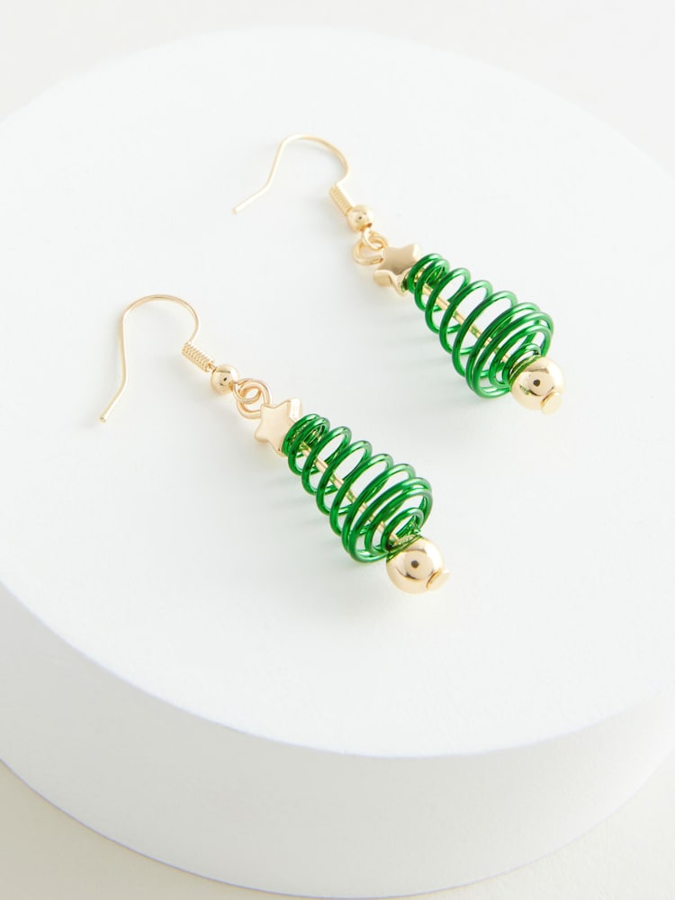Green Christmas Spiral Tree Drop Earrings Made With Recycled Iron - Image 3 of 3