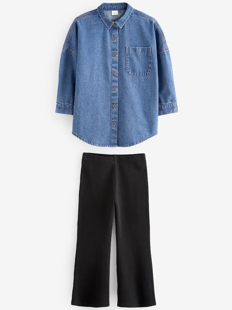 Black Flare 100% Cotton Leggings And Denim Shirt Set (3-16yrs) - Image 4 of 6