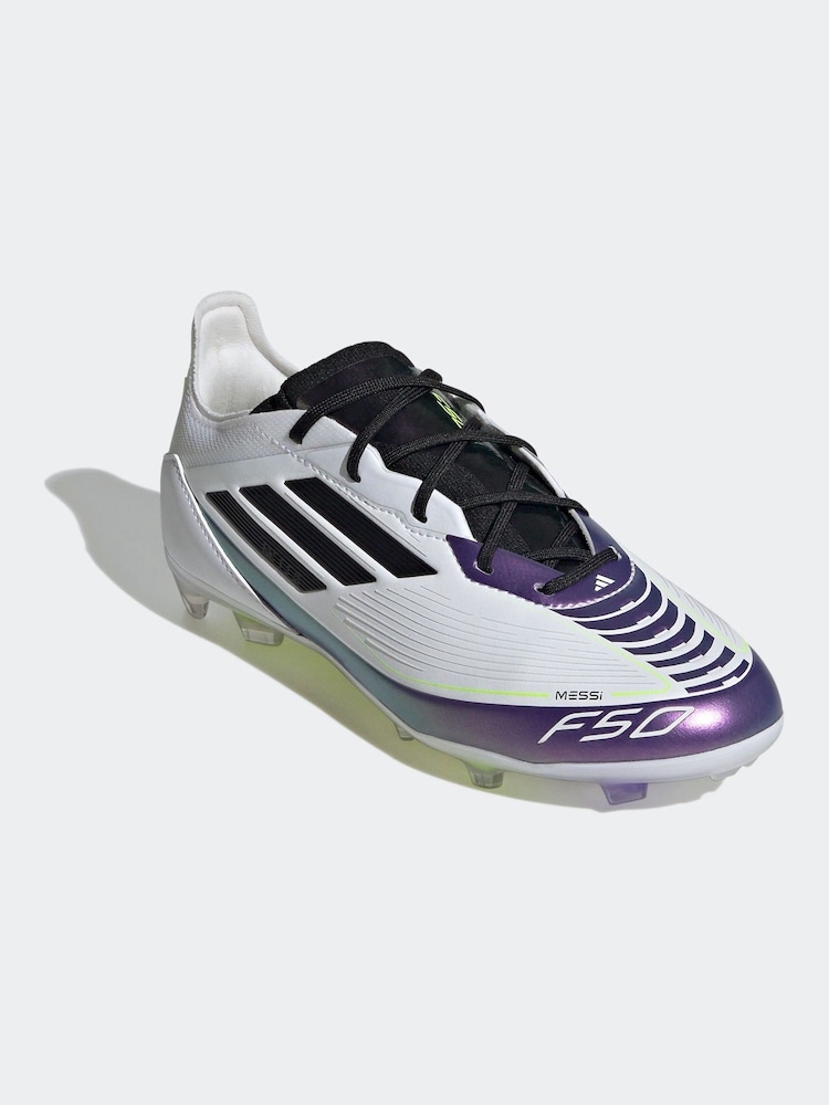 adidas White/Purple Kids F50 Pro Messi Firm Ground Boots - Image 1 of 10