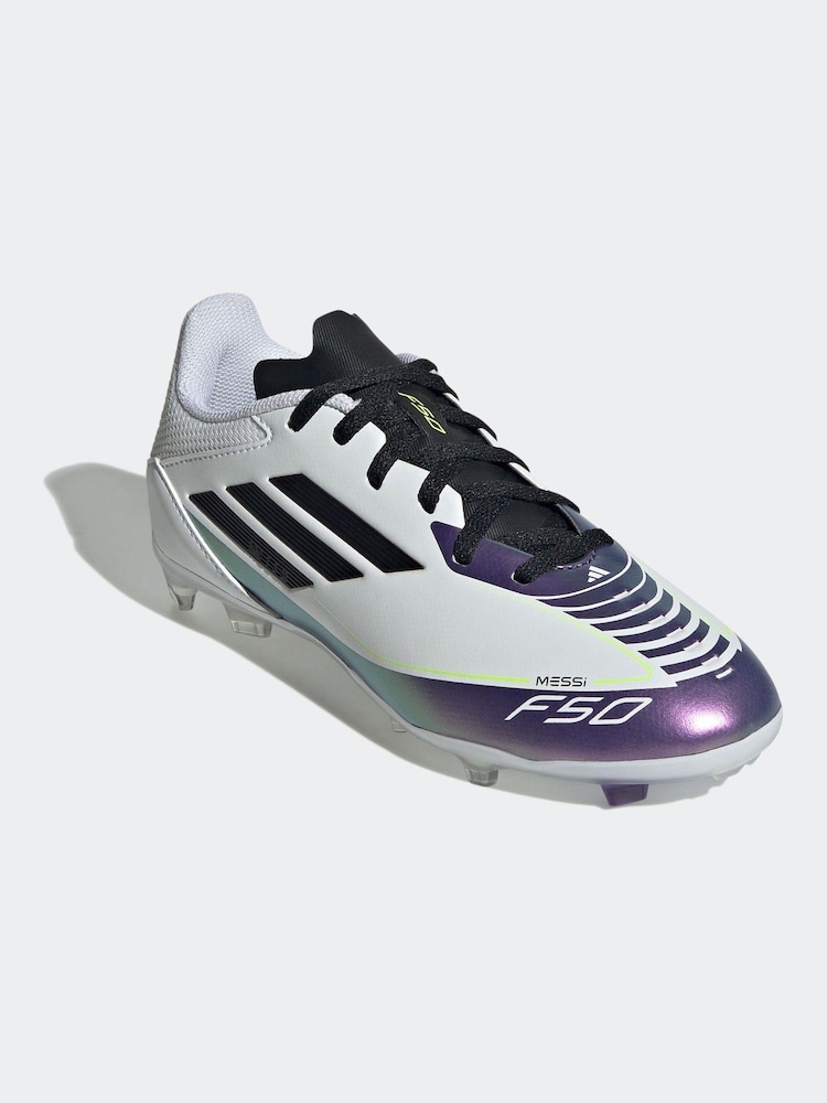 adidas White/Purple Messi F50 Kids League Firm/Multi-Ground Boots - Image 1 of 9
