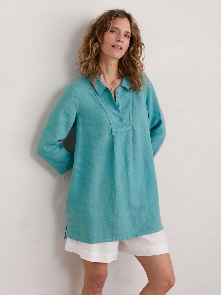 Seasalt Cornwall Green Tide Clock 3/4 Sleeve 100% Linen Tunic - Image 1 of 5