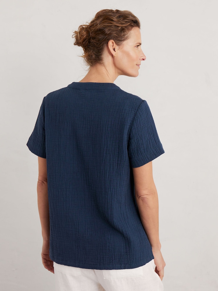 Seasalt Cornwall Blue 100% Cotton Castle Short Sleeve Shirt - Image 2 of 5 Seasalt Cornwall Blue 100% Cotton Castle Short Sleeve Shirt - Image 2 of 5