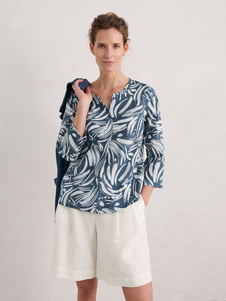 Seasalt Cornwall Blue Watercolour Sketch 3/4 Sleeve Top - Image 1 of 5