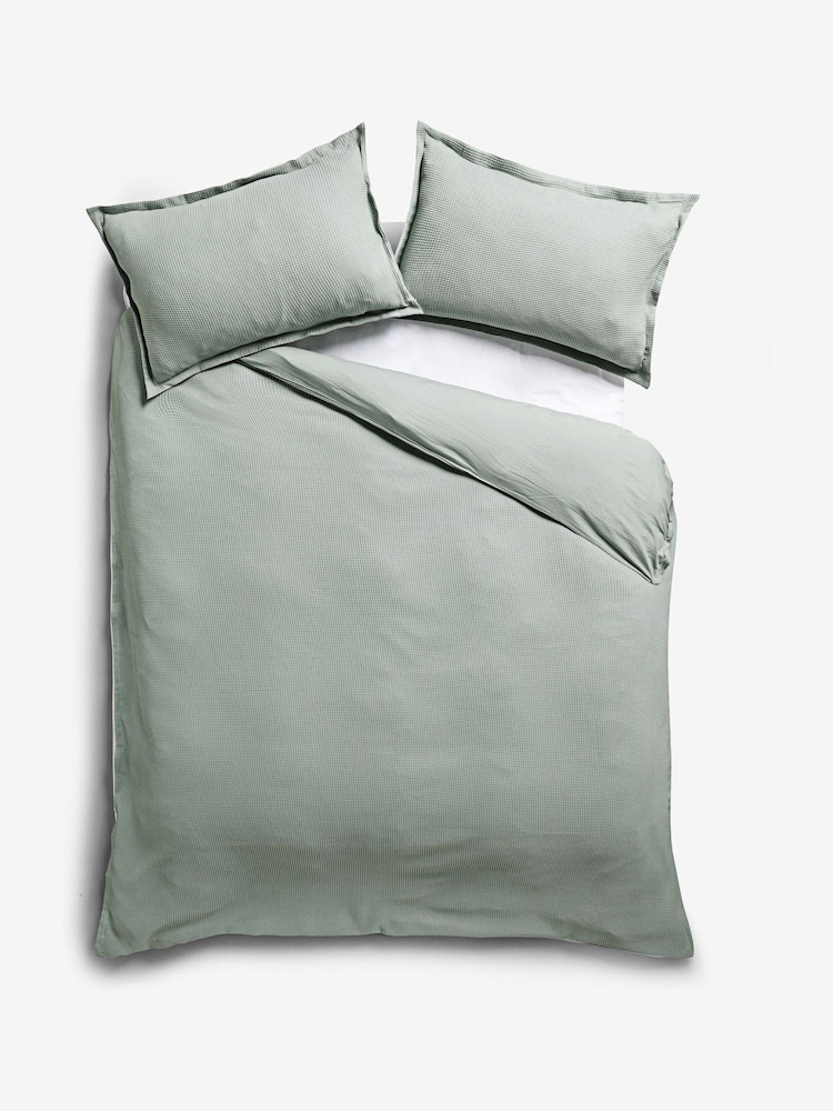 Sage Green Waffle Duvet Cover and Pillowcase Set - Image 3 of 5