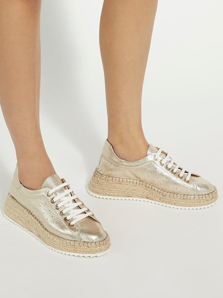 Dune London Gold Explainedd Leather Wedge Lace-Up Trainers - Image 1 of 7 Dune London Gold Explainedd Leather Wedge Lace-Up Trainers - Image 1 of 7