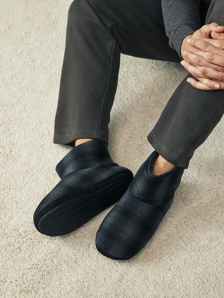 Navy Borg Lined Checked Boot Slippers - Image 1 of 6