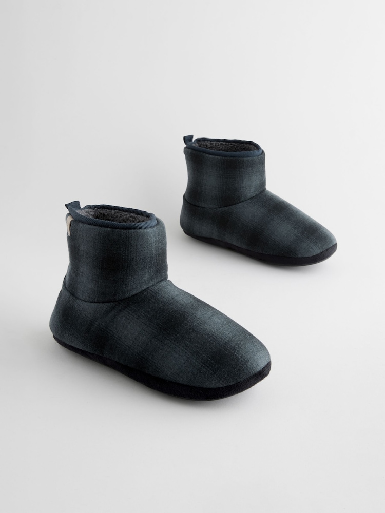 Navy Borg Lined Checked Boot Slippers - Image 2 of 6