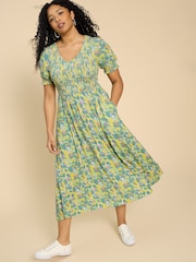 White Stuff Blue Emily Shirred Jersey Dress - Image 1 of 7