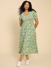 White Stuff Blue Emily Shirred Jersey Dress - Image 3 of 7
