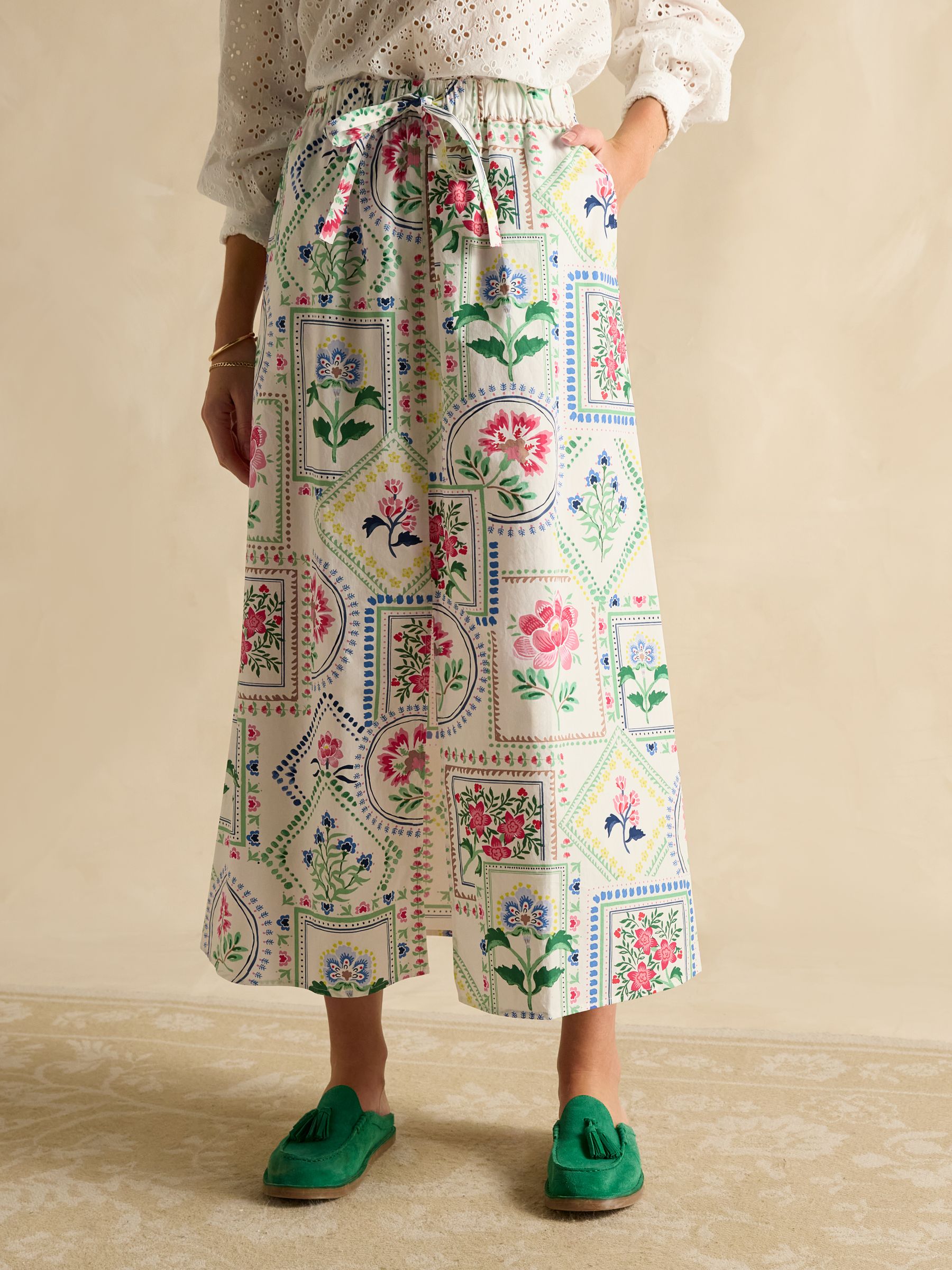 Joules Cream Tile Print Cotton Poplin Midi Skirt
