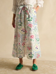 Joules Cream Tile Print Cotton Poplin Midi Skirt - Image 1 of 7