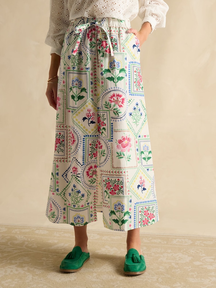 Joules Cream Tile Print Cotton Poplin Midi Skirt - Image 1 of 7