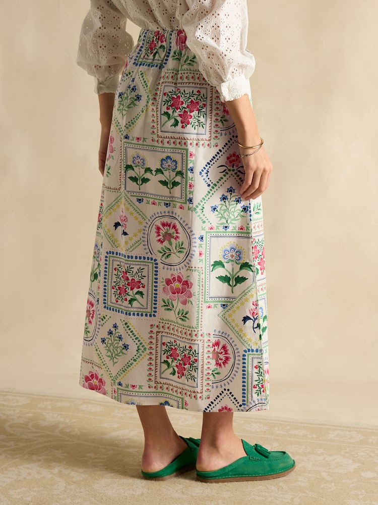 Joules Cream Tile Print Cotton Poplin Midi Skirt - Image 2 of 7