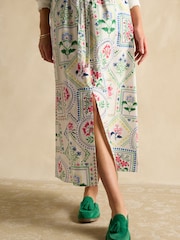 Joules Cream Tile Print Cotton Poplin Midi Skirt - Image 4 of 7