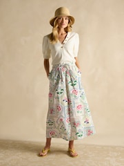 Joules Cream Tile Print Cotton Poplin Midi Skirt - Image 5 of 7