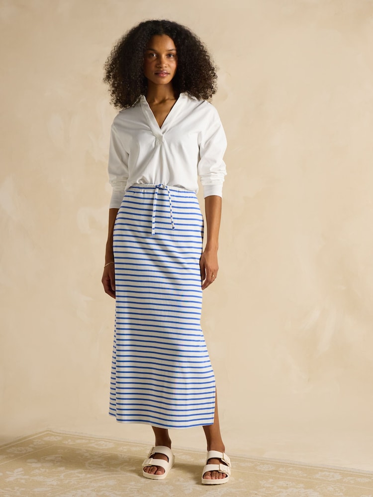 Joules Blue & White Stripe A-Line Premium Cotton Ribbed Jersey Skirt - Image 3 of 6