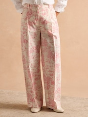 Joules Pink & Cream Toile De Jouy Linen-Cotton Trousers - Image 1 of 9
