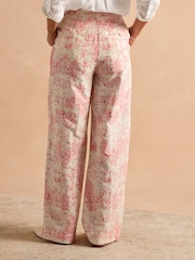 Joules Pink & Cream Toile De Jouy Linen-Cotton Trousers - Image 2 of 9