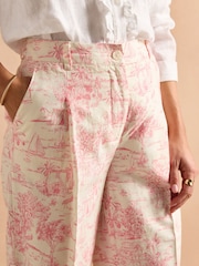 Joules Pink & Cream Toile De Jouy Linen-Cotton Trousers - Image 3 of 9