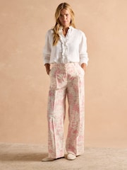 Joules Pink & Cream Toile De Jouy Linen-Cotton Trousers - Image 5 of 9
