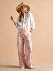 Joules Pink & Cream Toile De Jouy Linen-Cotton Trousers - Image 7 of 9