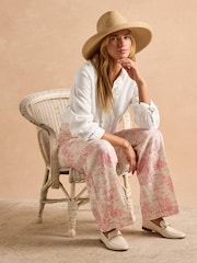 Joules Pink & Cream Toile De Jouy Linen-Cotton Trousers - Image 8 of 9