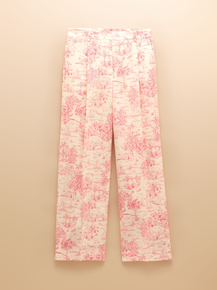 Joules Pink & Cream Toile De Jouy Linen-Cotton Trousers - Image 9 of 9