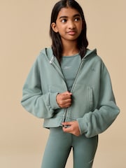 Reebok Girls Oversized Washed Khaki Green 100% Cotton Cropped Zip Through Hoodie - Image 1 of 12