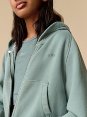 Reebok Girls Oversized Washed Khaki Green 100% Cotton Cropped Zip Through Hoodie - Image 4 of 12