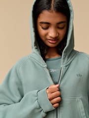 Reebok Girls Oversized Washed Khaki Green 100% Cotton Cropped Zip Through Hoodie - Image 5 of 12