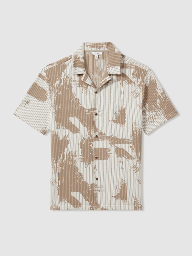 Reiss Sand/White Viceroy Brushstroke Print Cuban Collar Shirt - Image 2 of 5