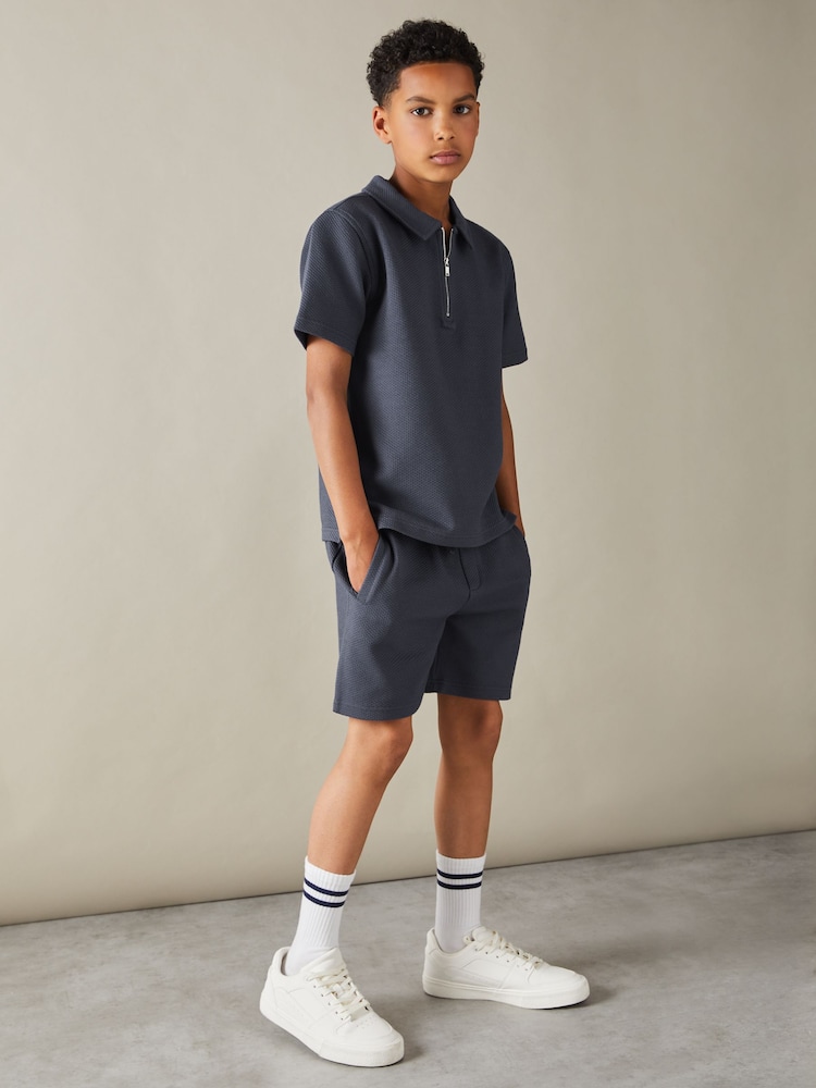 Reiss Steel Blue Creed 3-9 yrs Textured Half-Zip Polo Shirt - Image 1 of 4