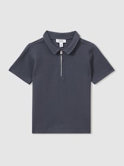 Reiss Steel Blue Creed 3-9 yrs Textured Half-Zip Polo Shirt - Image 2 of 4