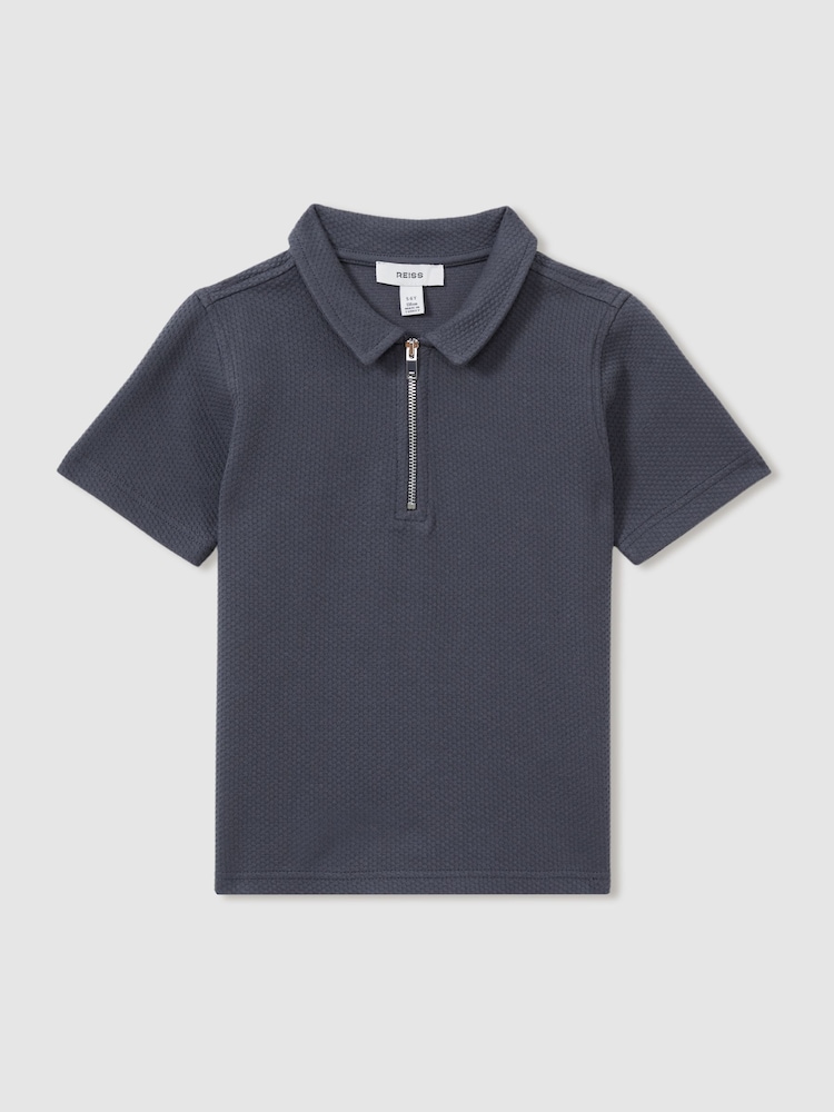 Reiss Steel Blue Creed 3-9 yrs Textured Half-Zip Polo Shirt - Image 2 of 4