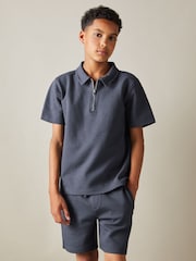 Reiss Steel Blue Creed 3-9 yrs Textured Half-Zip Polo Shirt - Image 3 of 4