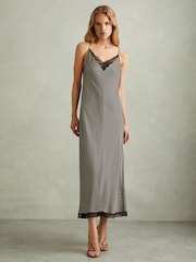 Reiss Black Camilla Striped Lace Trim Midi Dress - Image 1 of 6