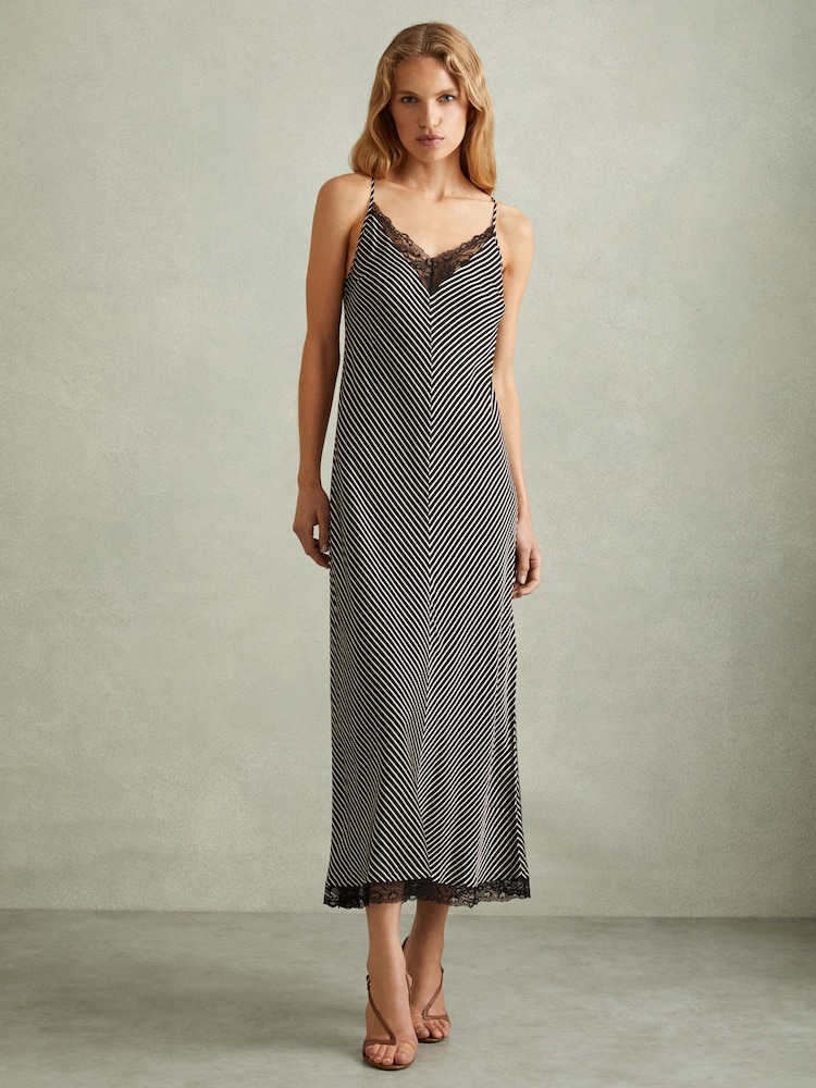 Reiss Black Camilla Striped Lace Trim Midi Dress - Image 1 of 6