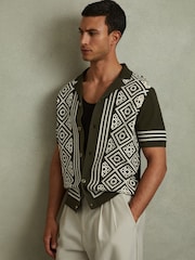 Reiss Khaki Green/Off White Stefano Contrast Embroidered Cuban Collar Shirt - Image 1 of 5