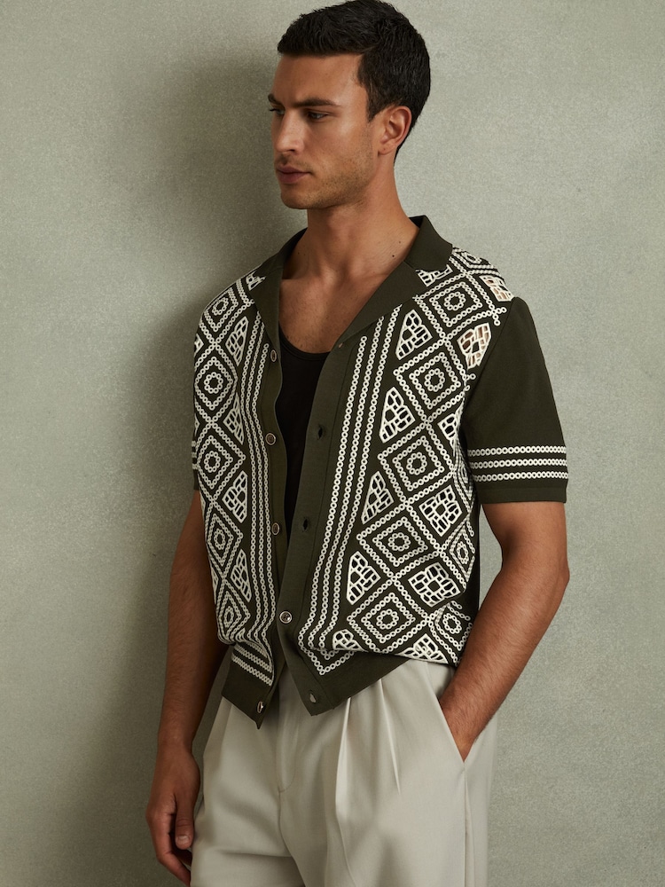Reiss Khaki Green/Off White Stefano Contrast Embroidered Cuban Collar Shirt - Image 1 of 5