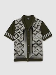 Reiss Khaki Green/Off White Stefano Contrast Embroidered Cuban Collar Shirt - Image 2 of 5