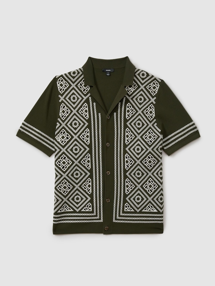 Khaki Green/Off White - Reiss Stefano Contrast Embroidered Cuban Collar Shirt - Изображение 2 из 5 Khaki Green/Off White - Reiss Stefano Contrast Embroidered Cuban Collar Shirt - Изображение 2 из 5