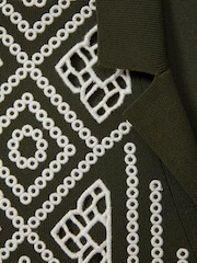 Reiss Khaki Green/Off White Stefano Contrast Embroidered Cuban Collar Shirt - Image 5 of 5