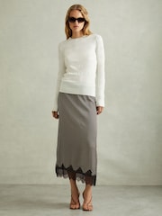 Reiss Black/Ivory Ivy Striped Lace Trim Midi Skirt - Image 1 of 5