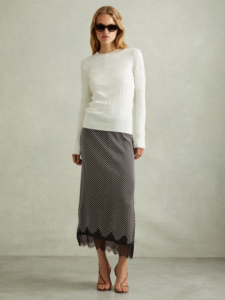 Reiss Black/Ivory Ivy Striped Lace Trim Midi Skirt - Image 1 of 5