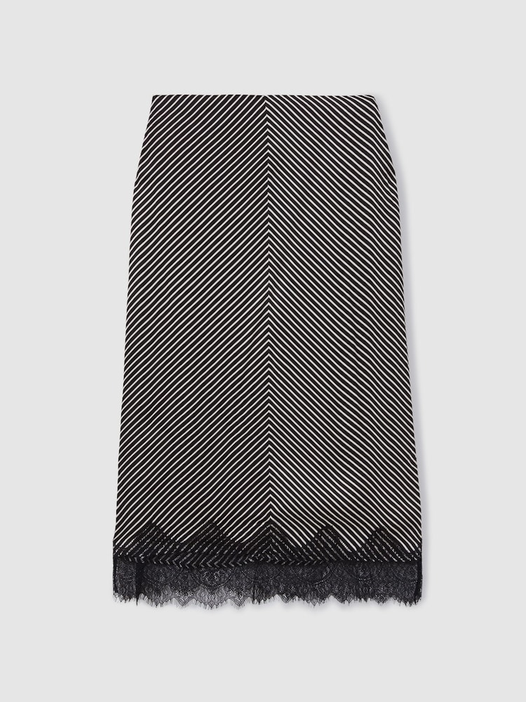Reiss Black/Ivory Ivy Striped Lace Trim Midi Skirt - Image 2 of 5